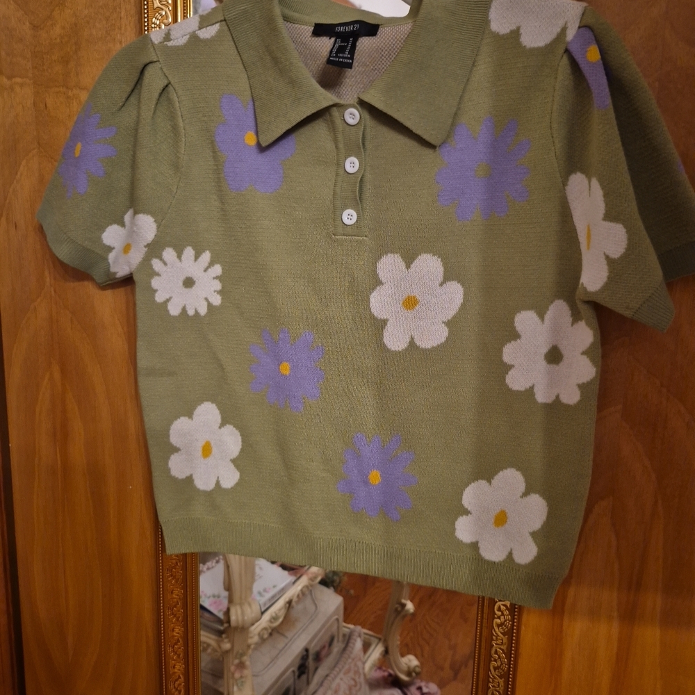 Forever 21 Olive Polo with Floral Print